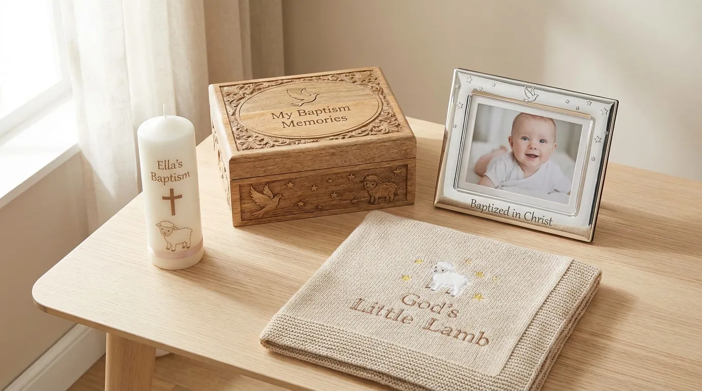 Personalisierte Geschenke zur Taufe auf einem hellen Holztisch