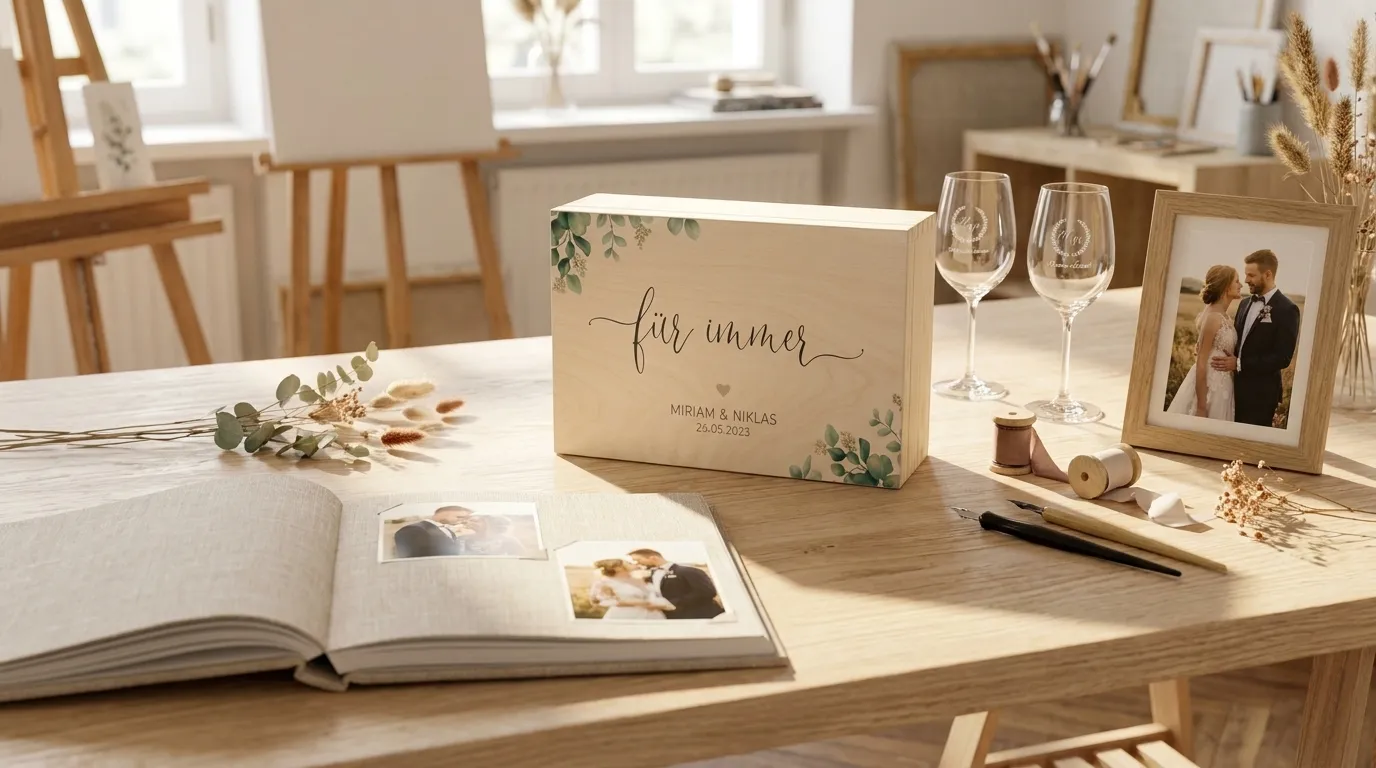 Personalisierte Hochzeitsgeschenke auf einem Holztisch