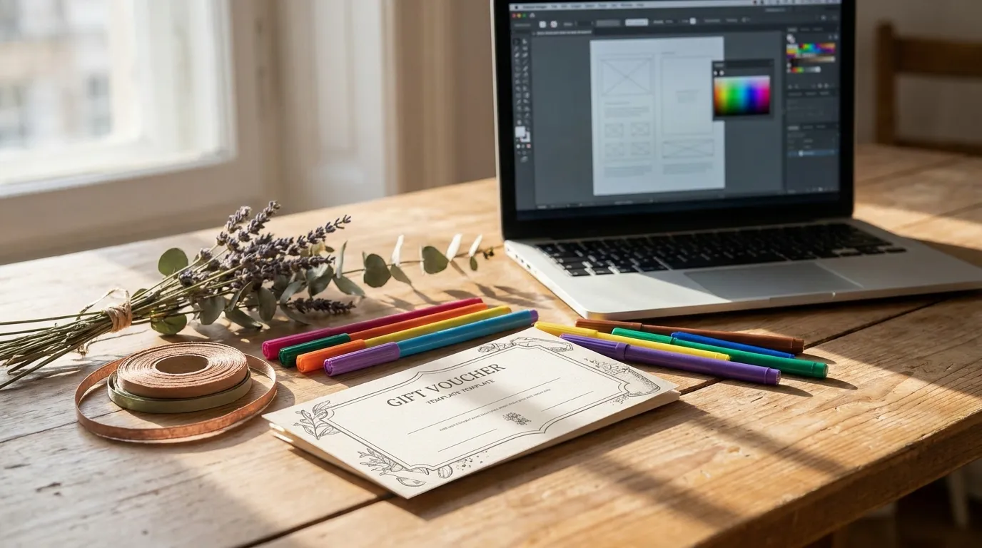 Personalisierter Gutschein auf einem Holztisch mit Stiften, getrockneten Blumen und Geschenkband
