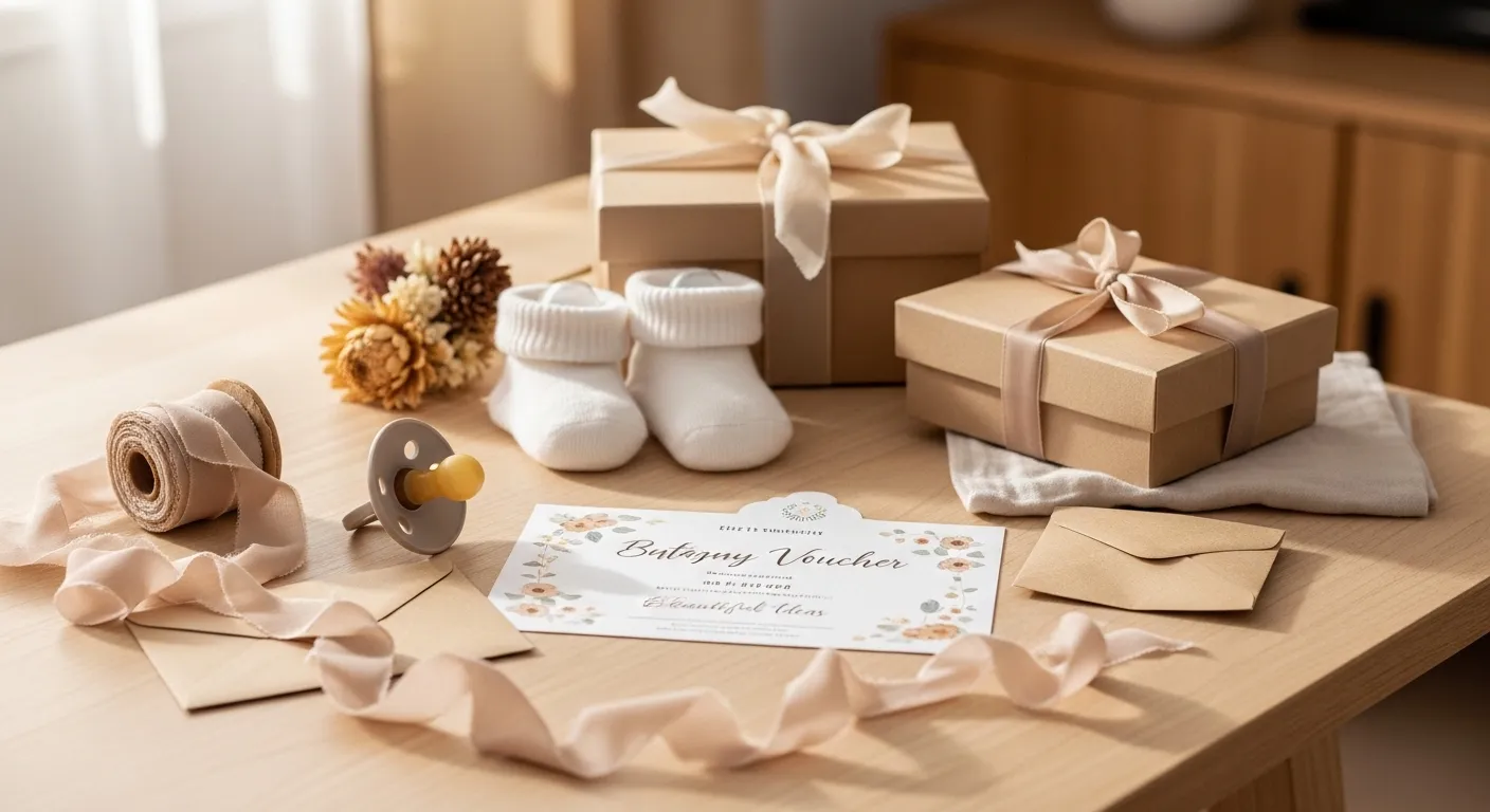 Personalisierter Gutschein zur Geburt auf hellem Holztisch mit Baby-Socken, Trockenblumen und Geschenkband