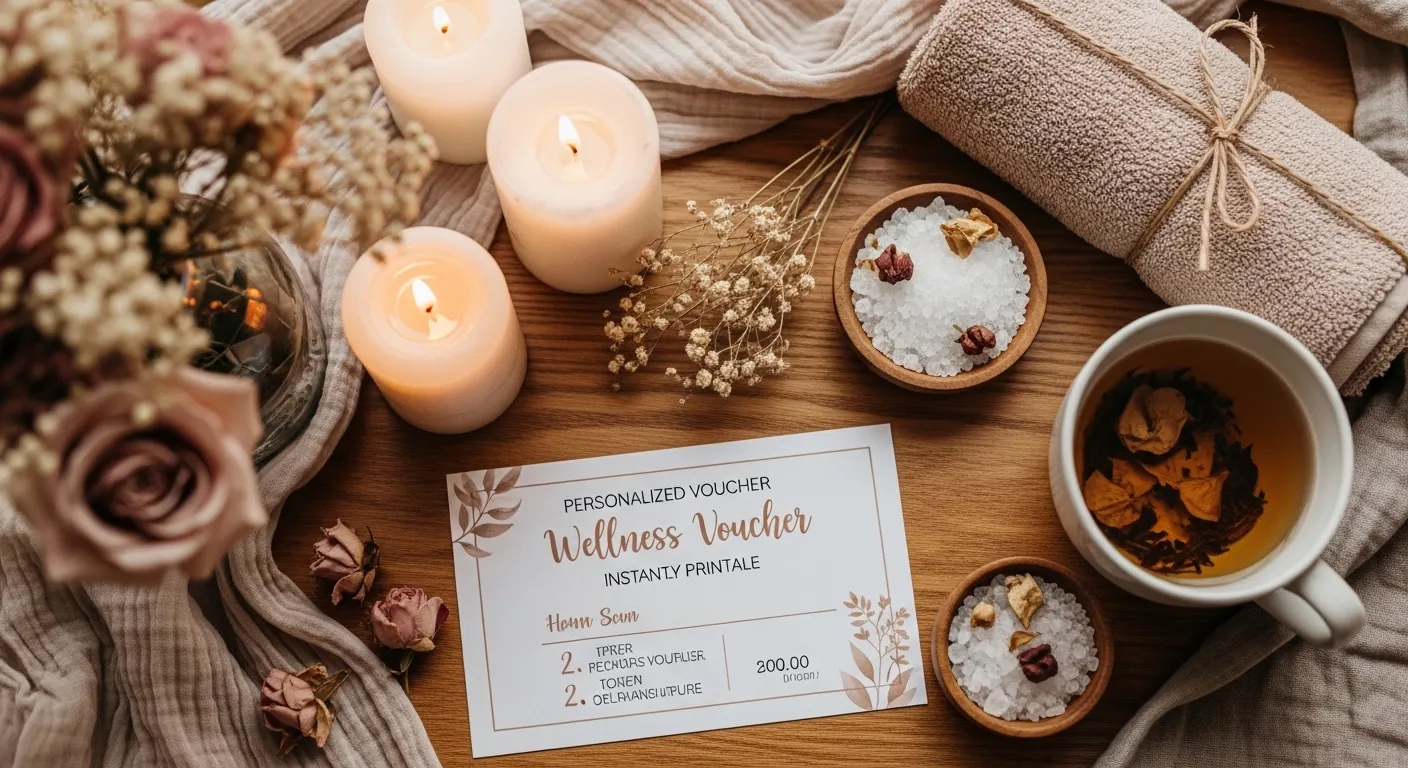 Personalisierter Wellness-Gutschein auf einem Holztisch mit Kerzen, Tee, Handtuch und getrockneten Blumen