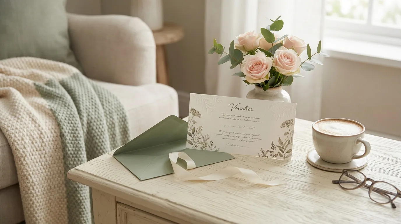 Stilvoll gestalteter Gutschein auf hochwertigem Papier neben Umschlag, Schleifenband und frischen Blumen