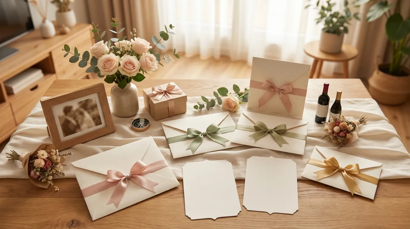 Stilvoll verpackte Erlebnisgeschenke auf einem hellen Holztisch, mit Gutschein, Blumen, Geschenkbox und persönlichen Details, warme natürliche Beleuchtung, realistische Texturen, moderne wohnliche Atmosphäre, kein Text