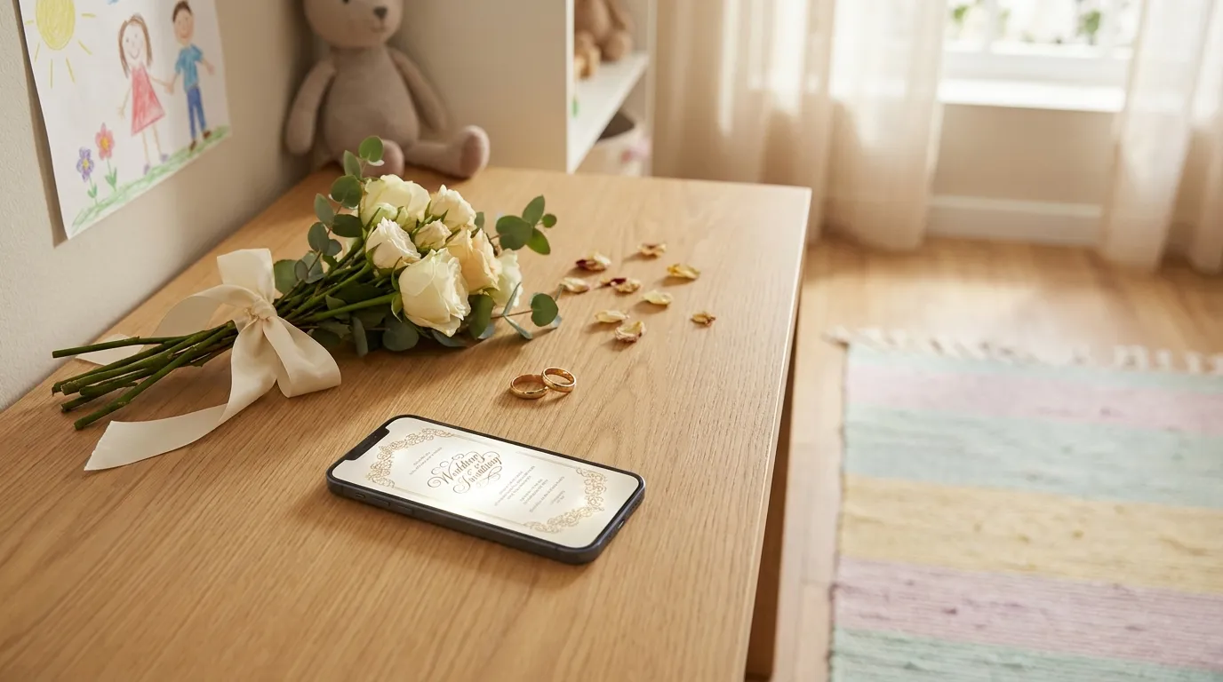 Stilvolle digitale Hochzeitseinladung auf einem Smartphone neben Blumen und Trauringen