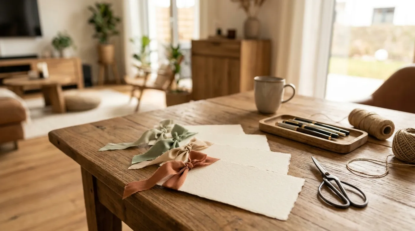 Stilvoller Arbeitsplatz mit ausgedruckten Gutscheinvorlagen, hochwertigem Papier, Schere, Band und liebevoller Geschenkverpackung, warme natürliche Beleuchtung, realistische Texturen, moderne wohnliche Umgebung, kein Text