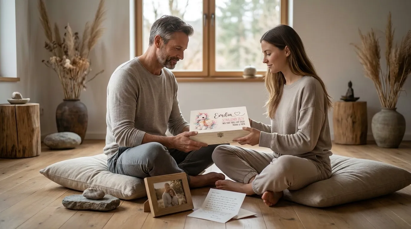 Vater und erwachsenes Kind bei einem gemeinsamen Erlebnisgeschenk im Freien, entspannte Stimmung, natürliches Licht, fotorealistische Fotografie mit realistischen Texturen