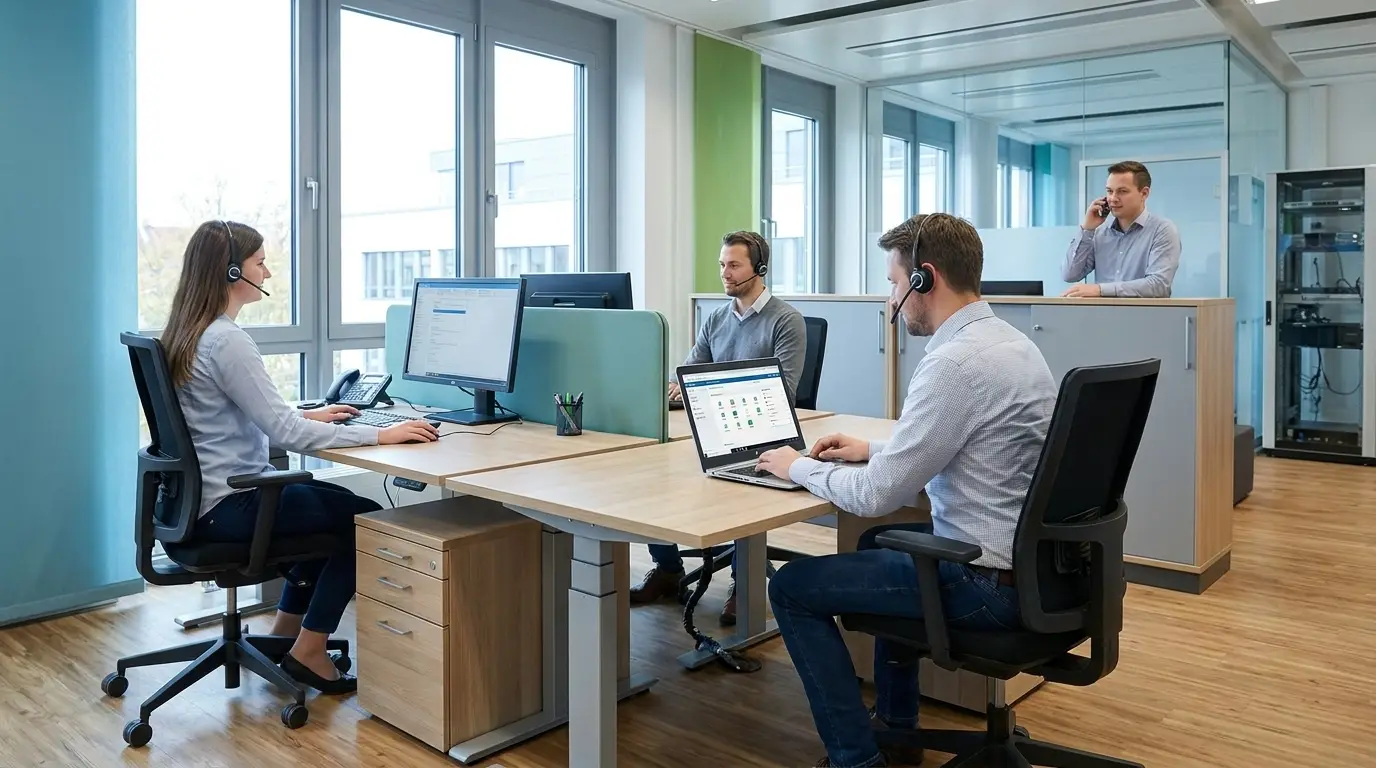 Mitarbeiter eines mittelständischen Unternehmens nutzen moderne Cloud-Telefonie