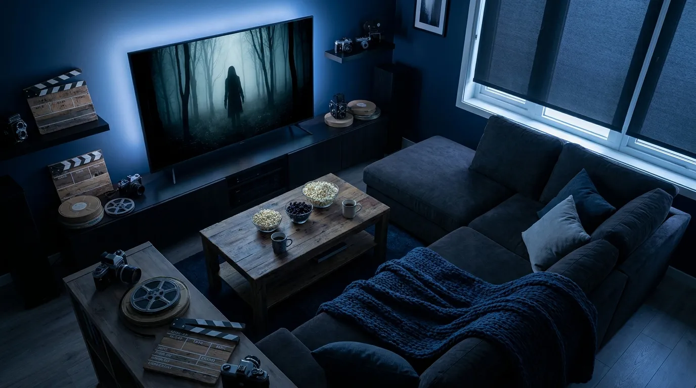 Dunkles Heimkino mit Sofa, Fernseher und gruseliger Filmstimmung, stilvoller Horror-Abend mit Snacks und warmem Licht, moderne Wohnung, natürliche Beleuchtung, realistische Texturen, kein Text