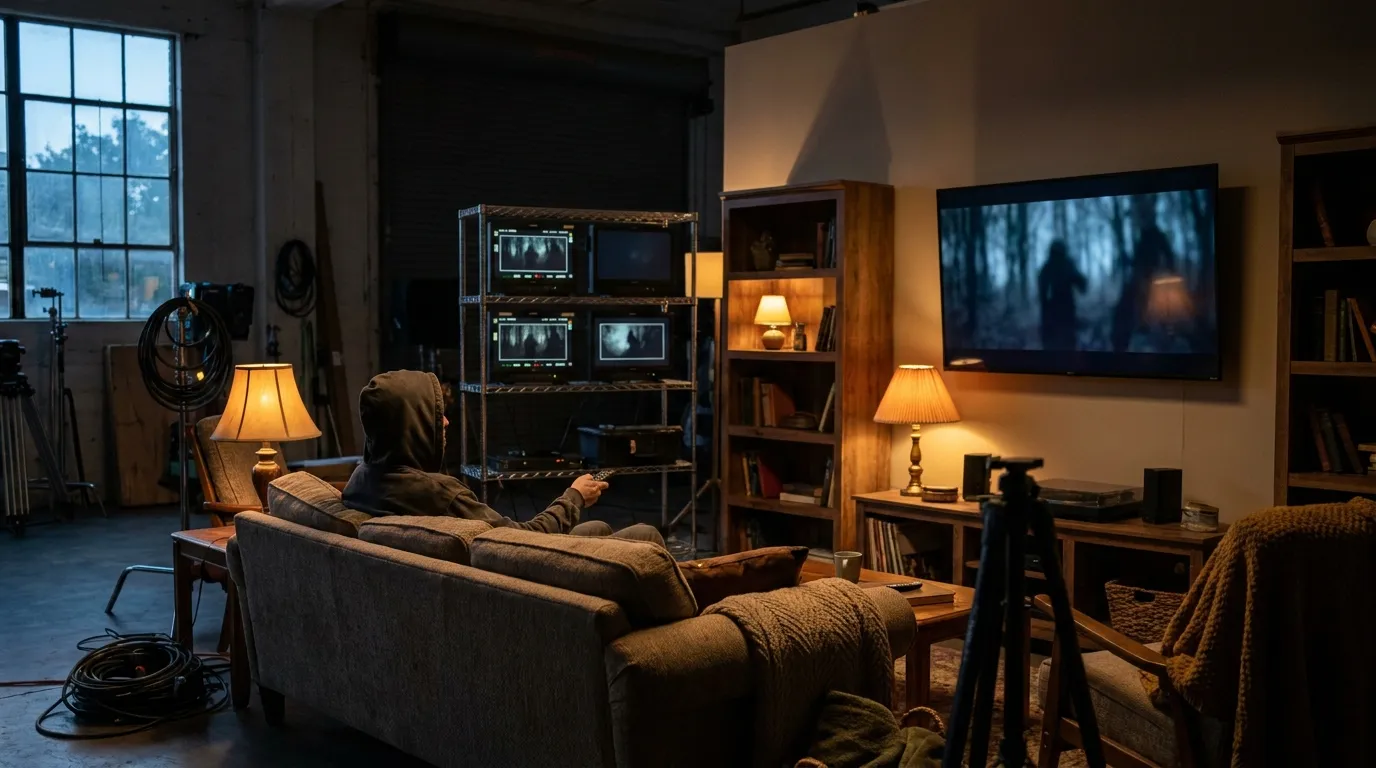 Dunkles Wohnzimmer mit Streaming-Abend und Horrorfilm-Stimmung