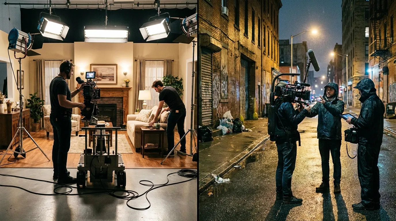 Filmset mit Unterschied zwischen Studiobau und echtem Drehort