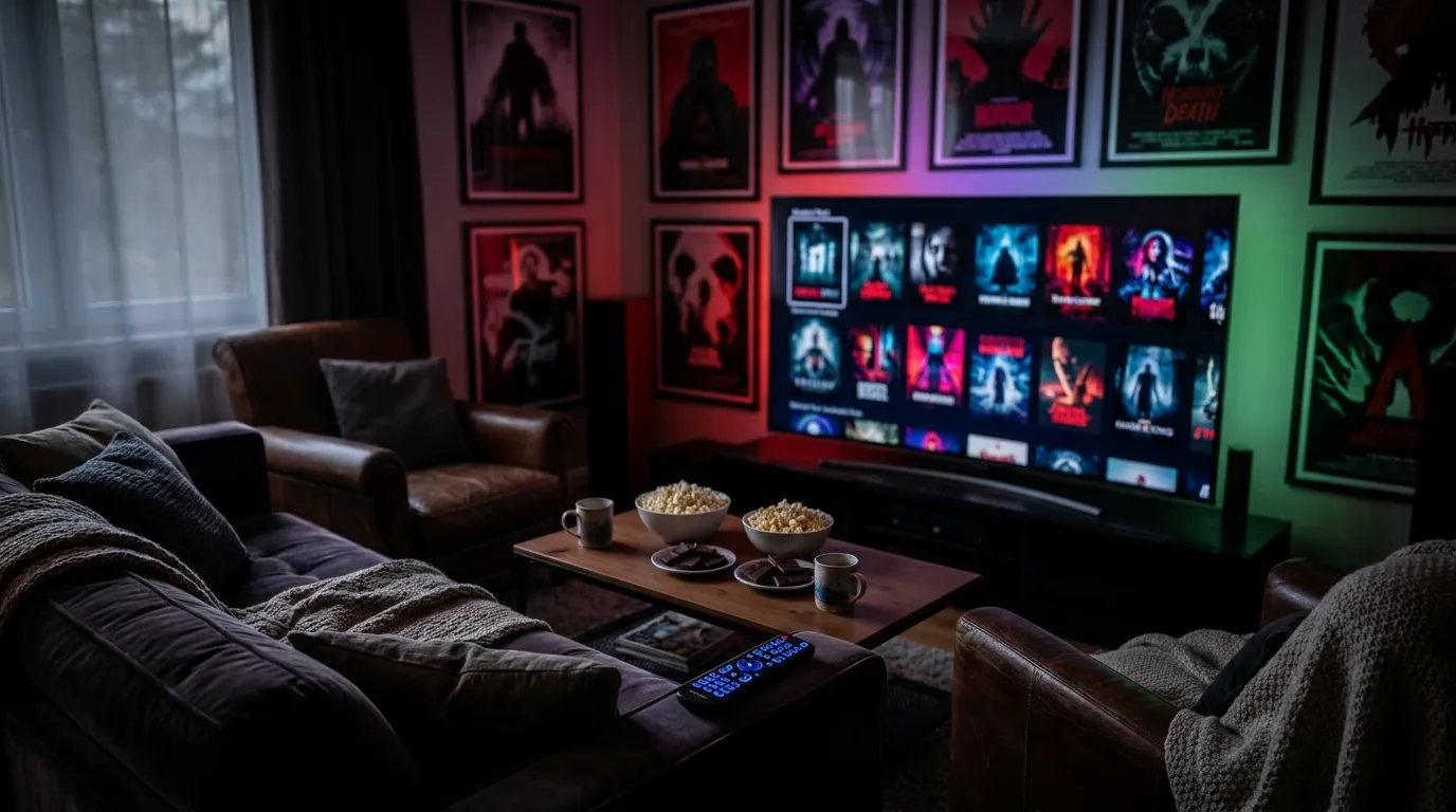 Gemütlicher Heimkino-Abend mit Streaming-Auswahl nach Stimmung, Sofa, gedimmtes Licht, Fernbedienung, Snacks, moderne Wohnzimmer-Atmosphäre, natürliche Beleuchtung, realistische Texturen, kein Text