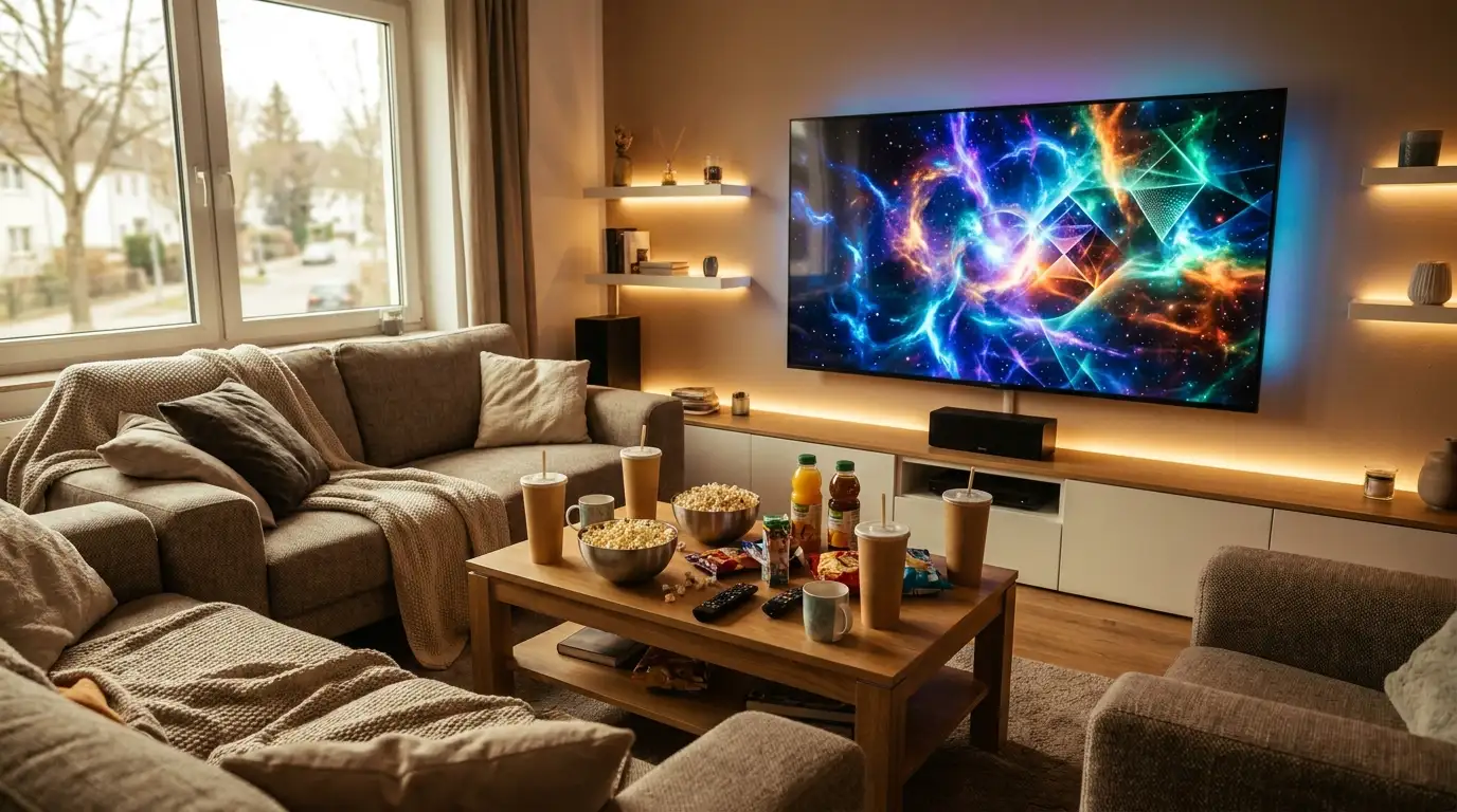 Gemütliches Heimkino mit futurischer Stimmung, Sofa, großer Bildschirm mit Science-Fiction-Atmosphäre, Snacks auf dem Tisch, natürliche Beleuchtung, realistische Texturen, moderne deutsche Wohnung, kein Text im Bild