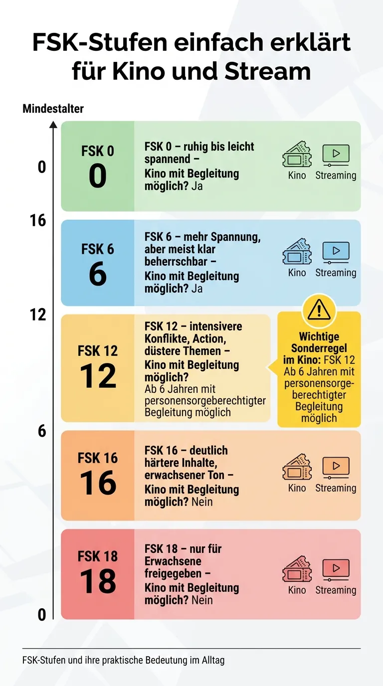 Infografik zu FSK-Stufen, Kino-Regeln und Streaming-Hinweisen