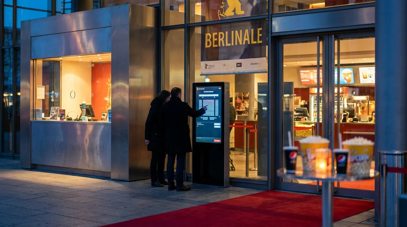 Kinokasse mit digitalem Saalplan und zwei Besuchern vor einem modernen Multiplex, warme Abendstimmung, natürliche Beleuchtung, realistische Texturen, Fokus auf Tickets und Sitzplatzwahl, kein Text