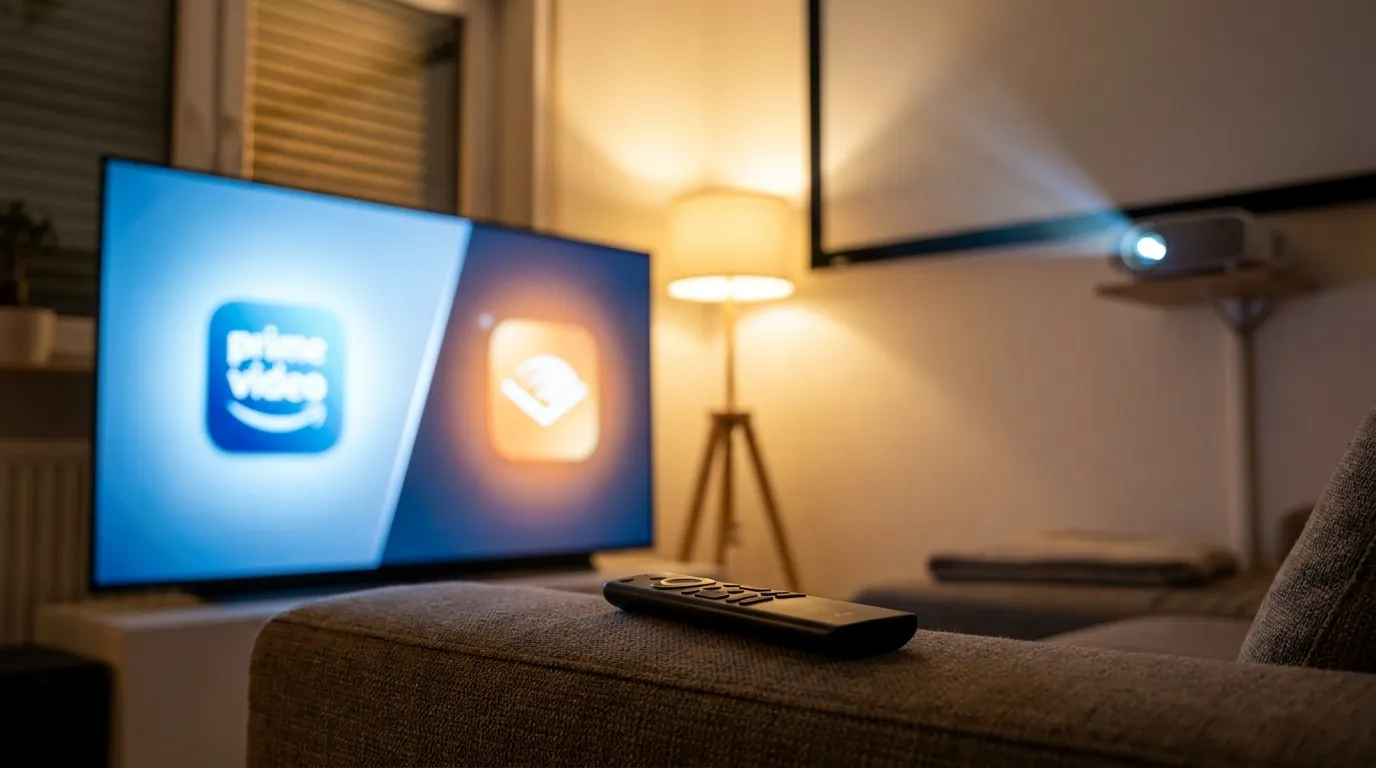 Moderner Wohnzimmerbereich mit Smart-TV, Streaming-Apps und gemütlicher Filmabend-Stimmung, fotorealistische Beleuchtung, natürliche Farben, realistische Texturen, kein Text