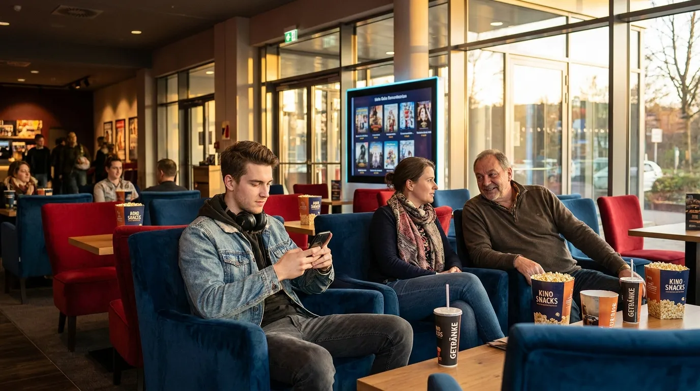 Nutzer mit Smartphone und Kinosaal bei barrierefreiem Filmzugang