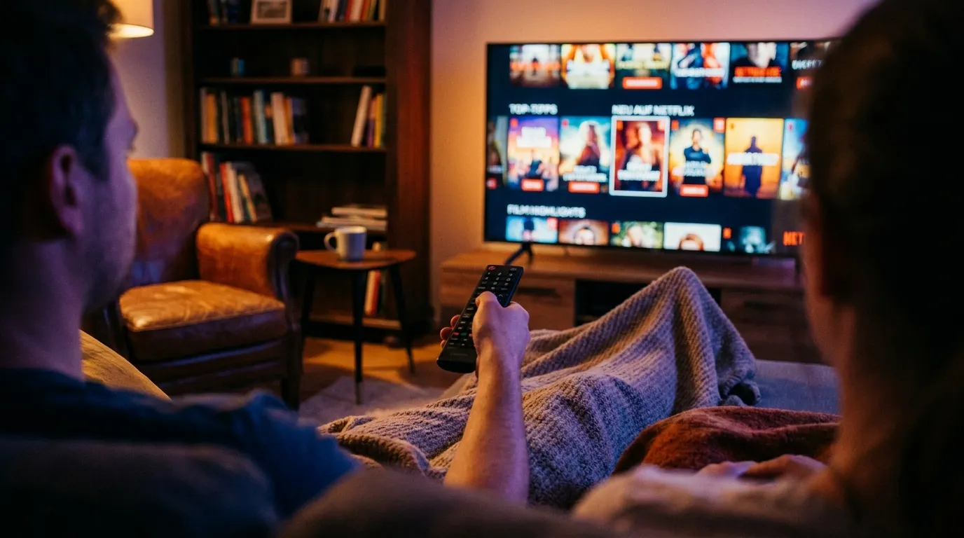 Person auf dem Sofa wählt am Abend einen Streaming-Film aus