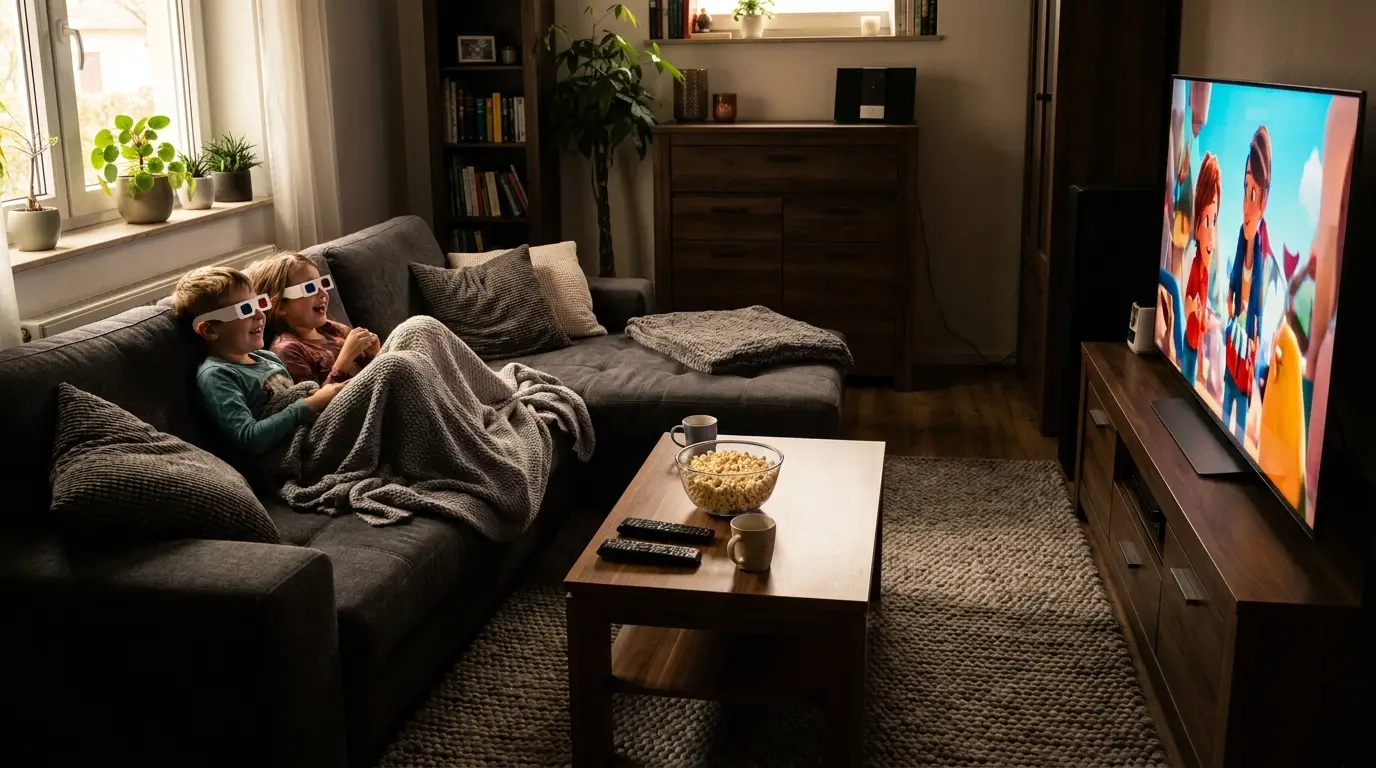 Streaming-Abend im modernen Wohnzimmer mit Fernbedienung, Smart-TV, Snacks und gemütlicher Sofa-Szene, warme natürliche Beleuchtung, realistische Texturen, kein Text