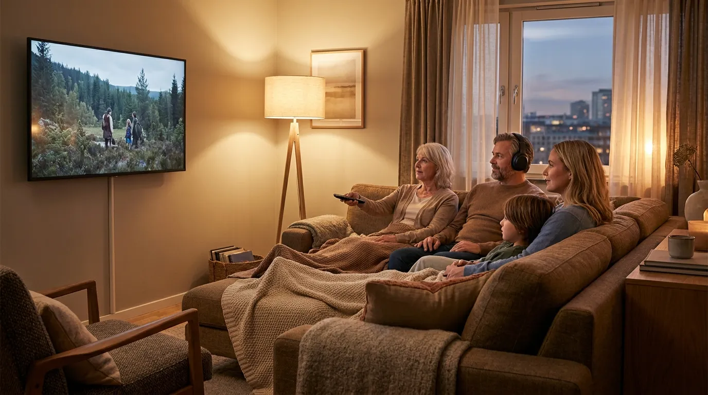 Streaming auf dem Sofa mit aktivierten Untertiteln und barrierefreiem Medienerlebnis