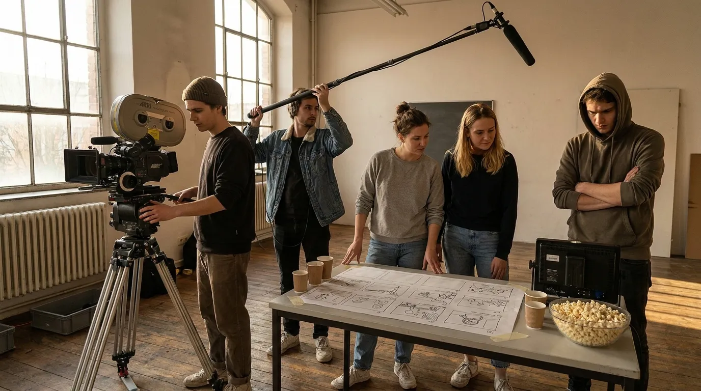 Studierende an einer deutschen Filmhochschule beim Dreh eines Kurzfilms