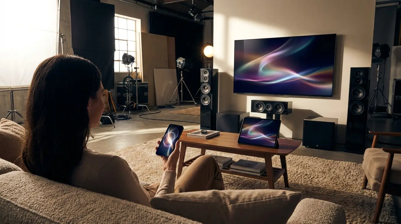 Vergleich von Streaming-Paketen auf Fernseher, Tablet und Smartphone im Wohnzimmer