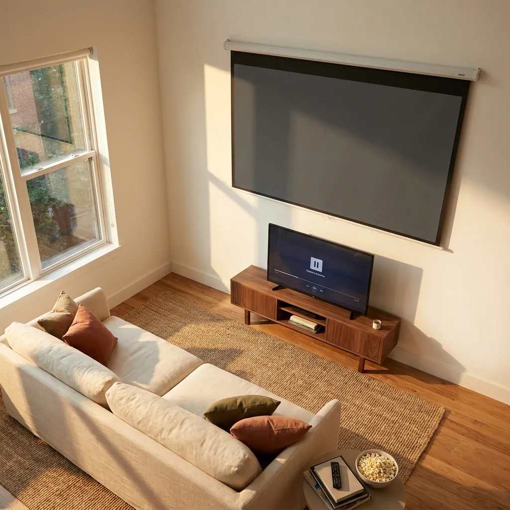Vergleich zwischen modernem Wohnzimmer mit Fernseher und Projektionsfläche für Heimkino