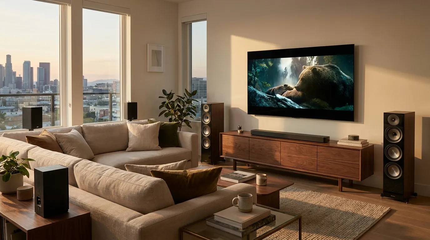 Wohnzimmer mit modernem Heimkino und Dolby-Atmos-Setup