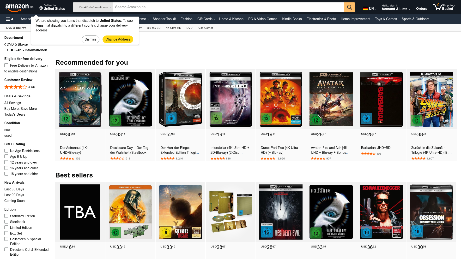 Amazon.de, Die bequeme Wahl für viele 4K-Blu-ray-Käufer Homepage