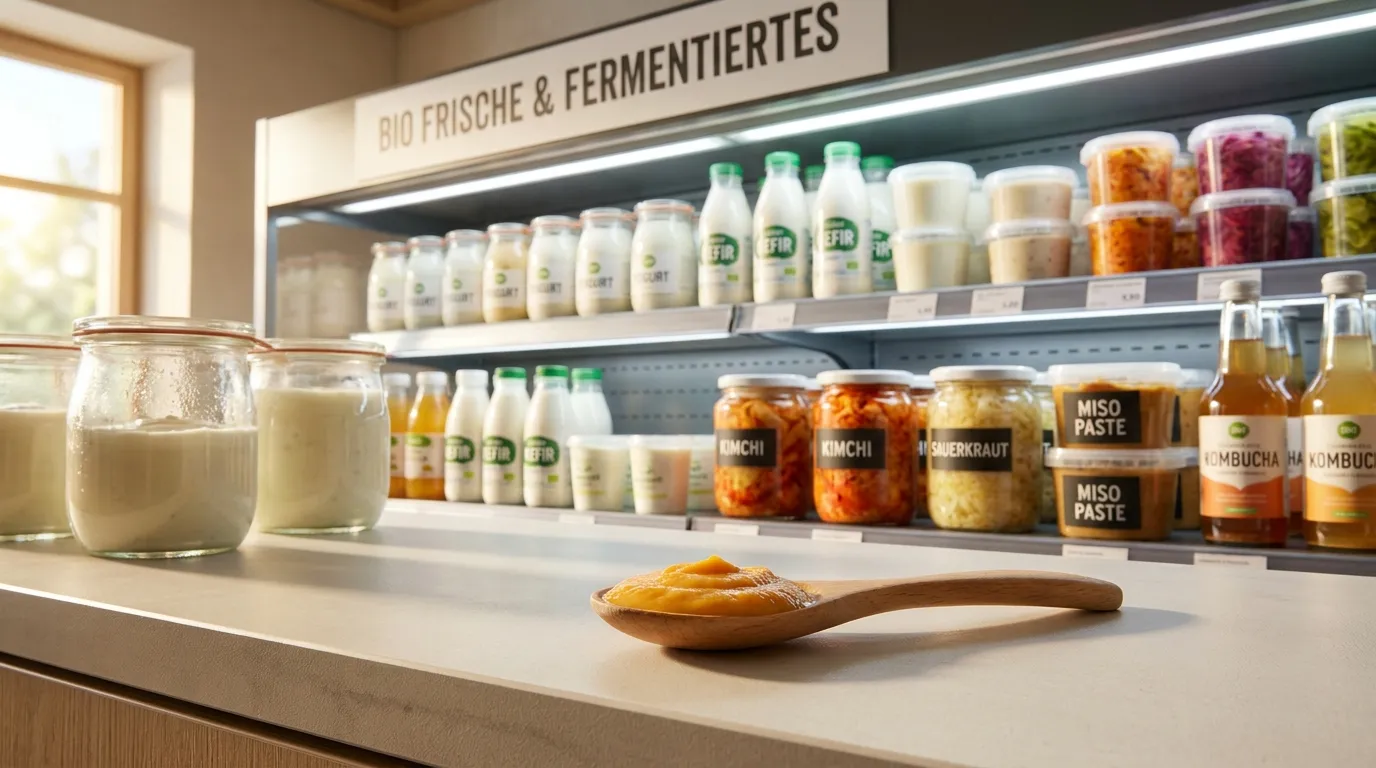 Auswahl fermentierter Lebensmittel im Supermarktregal