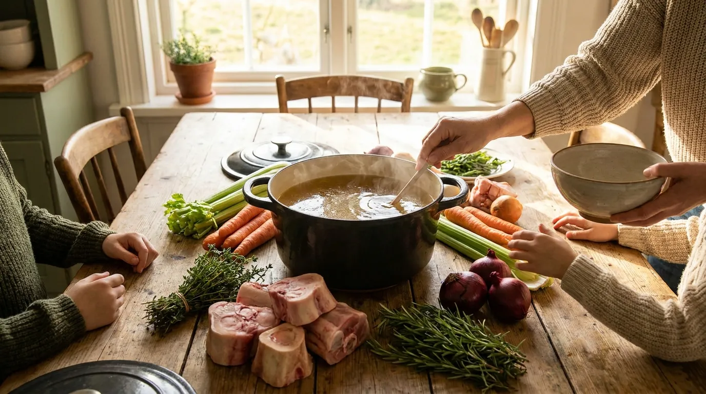 Bio-Knochenbrühe mit frischen Zutaten in einer hellen Küche