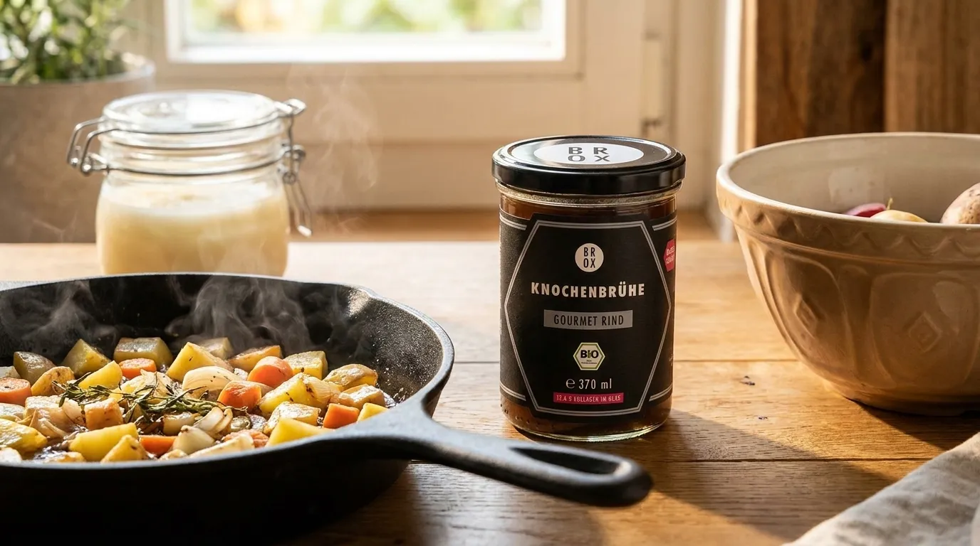 Bio-Rindertalg in einer gusseisernen Pfanne mit goldbraunen Kartoffeln auf einem Holztisch, warmes natürliches Küchenlicht, realistischer Dampf, Glas mit Talg im Hintergrund, natürliche Farben und Texturen, kein Text