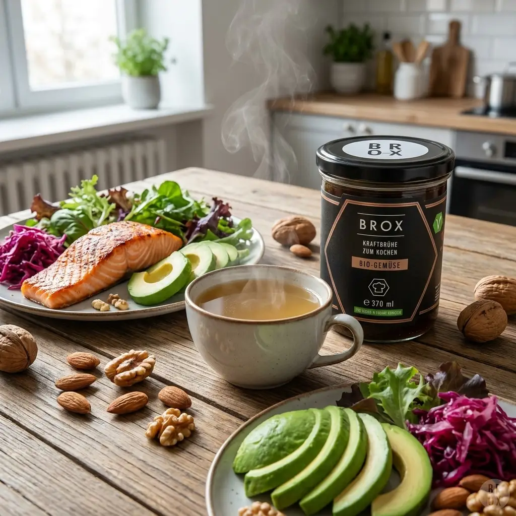 Darmfreundliche Keto Mahlzeit mit Gemüse, Avocado, Lachs und Brühe