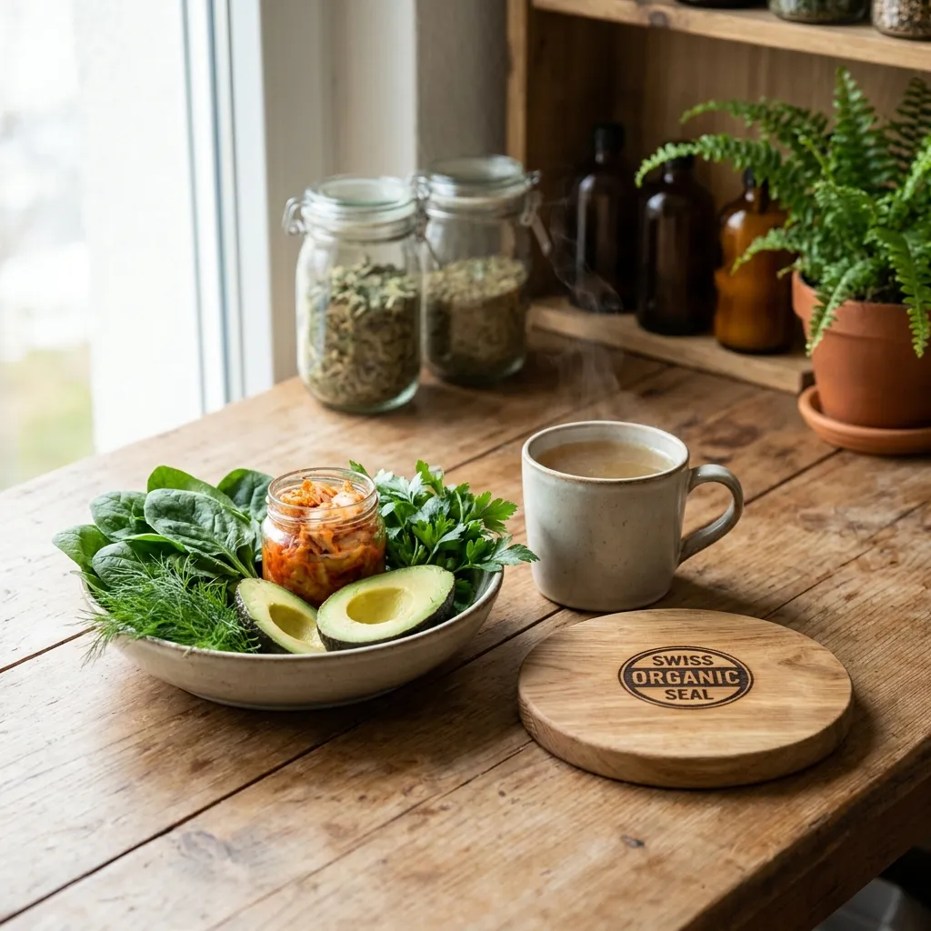 Darmfreundliche Keto-Mahlzeit mit grünem Gemüse, Avocado, fermentierten Zutaten und einer Tasse Brühe auf einem hellen Holztisch
