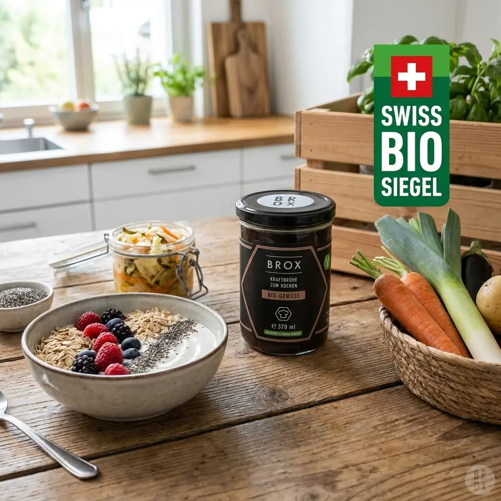Darmfreundlicher Snack mit Joghurt, Beeren, Haferflocken und fermentiertem Gemüse