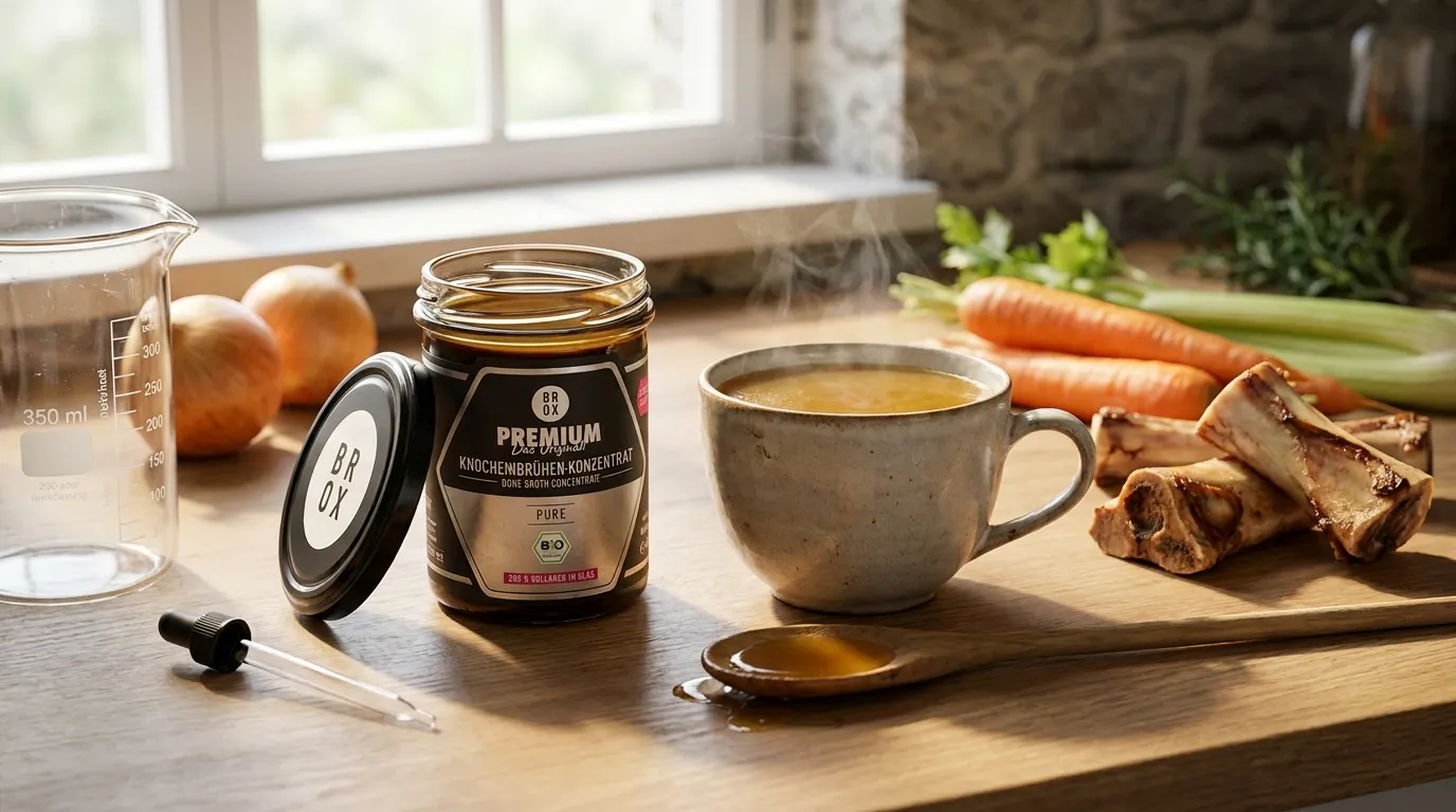 Ein geöffnetes Glas mit goldbraunem Knochenbrühen-Konzentrat neben einer dampfenden Tasse und natürlichen Zutaten auf einer Holzfläche