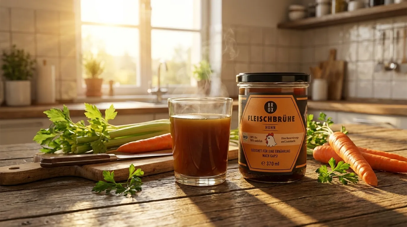 Ein Glas warme Hühnerfleischbrühe in einer hellen Küche mit natürlichen Zutaten wie Bio-Suppenhuhn, Petersilie, Karotten und Sellerie auf einem Holztisch, sanftes Tageslicht, ruhige natürliche Farben, realistische Texturen, kein Text