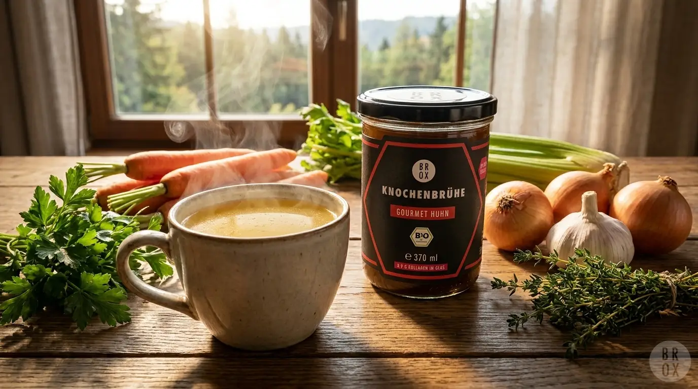 Eine dampfende Tasse goldene Hühner-Knochenbrühe neben Bio-Zutaten in einer warmen Küche