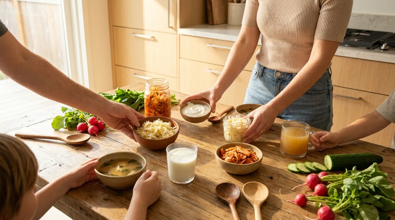 Fermentierte Snacks und Brühe in einer modernen Familienküche