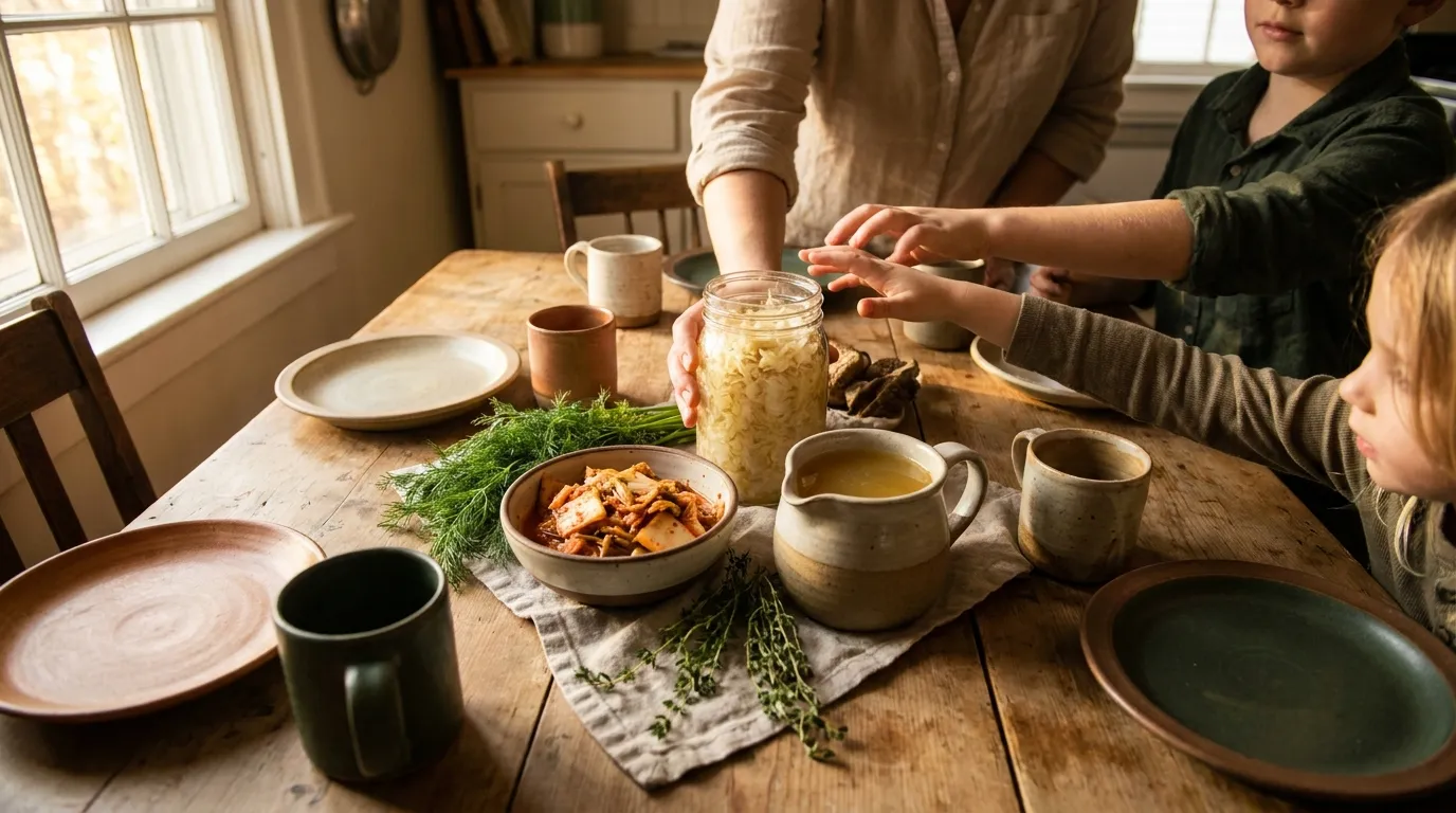 Fermentiertes Gemüse und Knochenbrühe auf einem Holztisch
