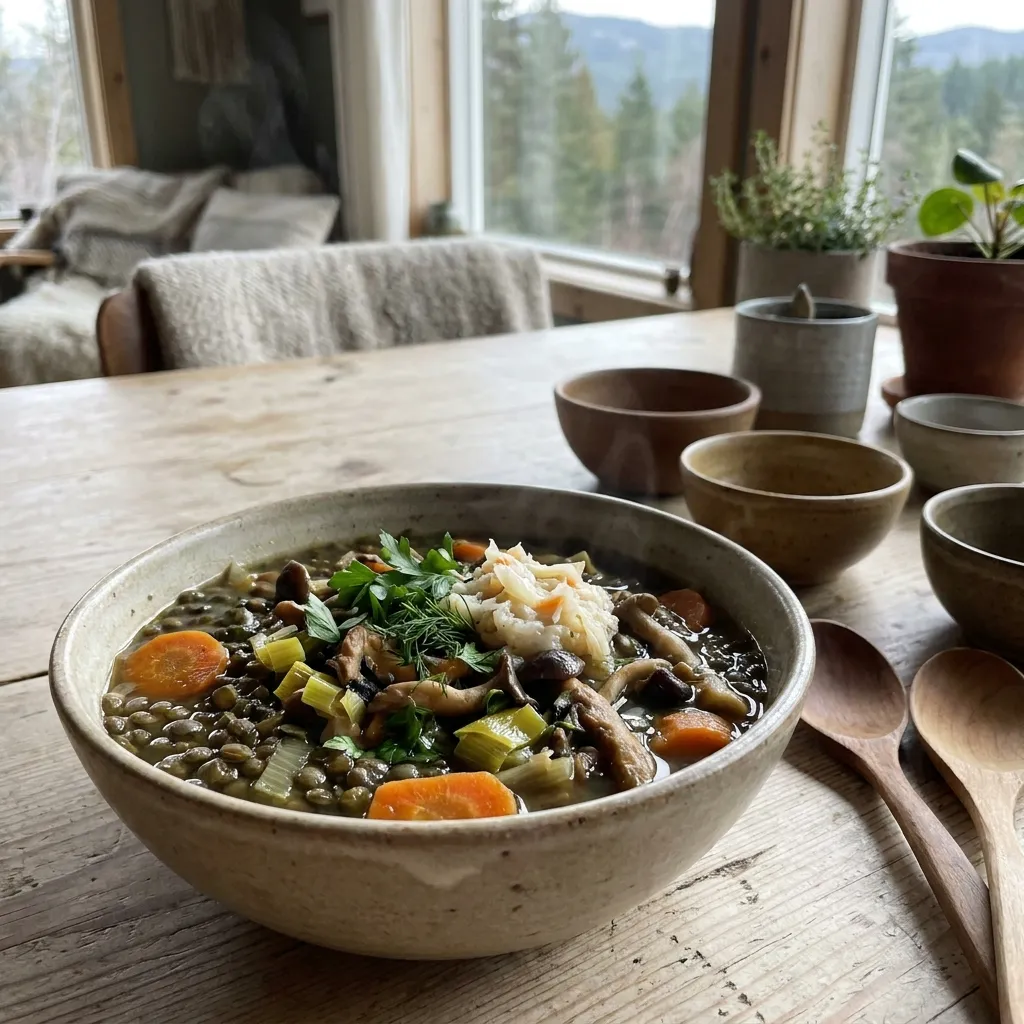 Frisch gekochte Funktionelle Suppe mit Gemüse, Kräutern und fermentiertem Topping