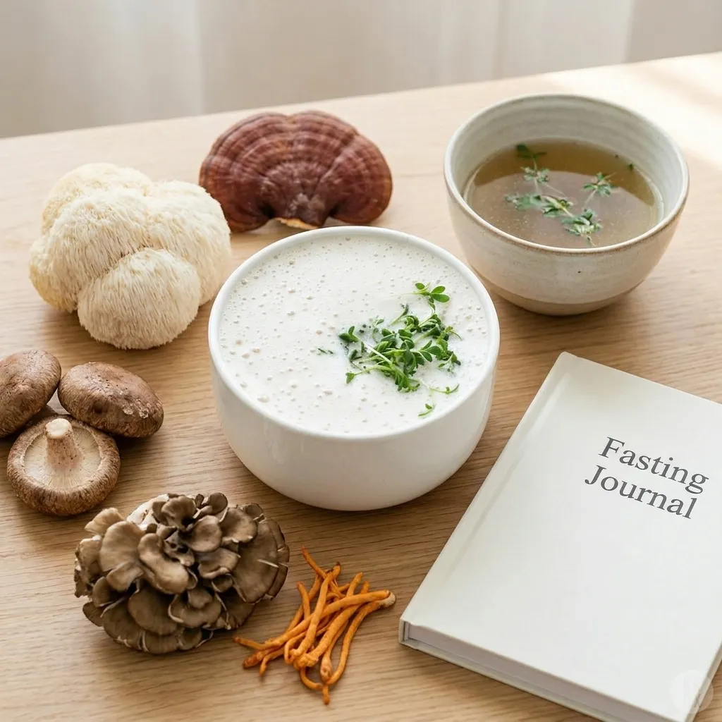 Getrocknete und frische Vitalpilze in einer hellen Küche
