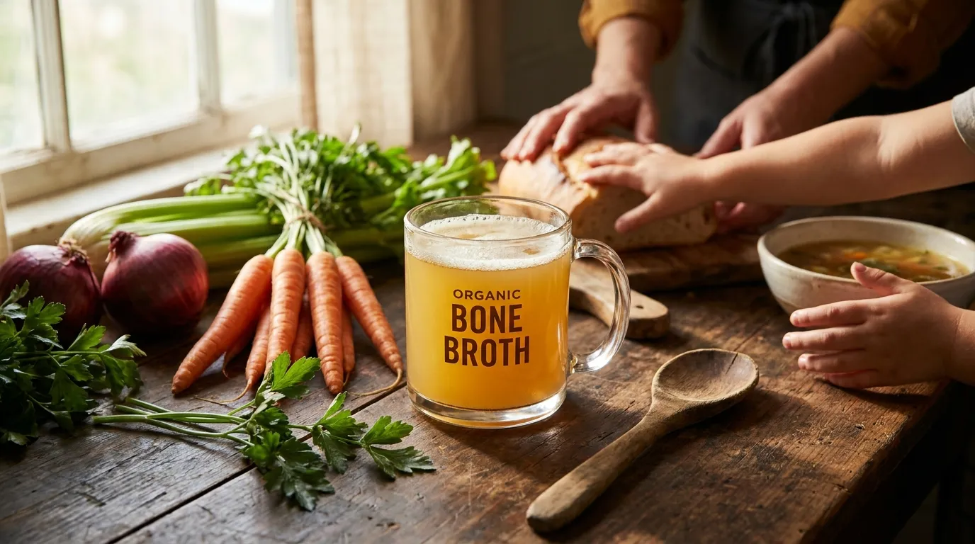 Glas mit goldener Bio-Knochenbrühe auf Holztisch neben frischem Wurzelgemüse und Kräutern