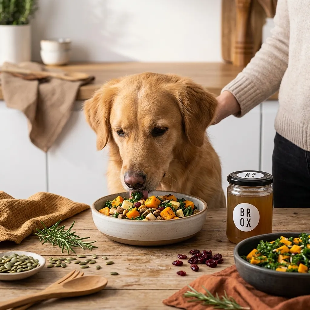 Hund mit frischem pflanzlich orientiertem Futter in einer hellen modernen Küche