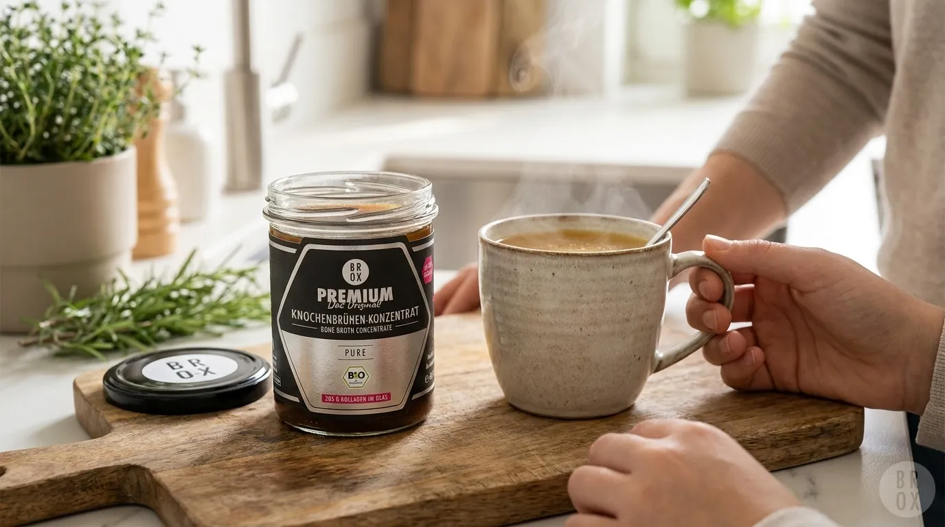 Knochenbrühen-Konzentrat in einer modernen Küche mit Tasse, Löffel und dampfender Brühe