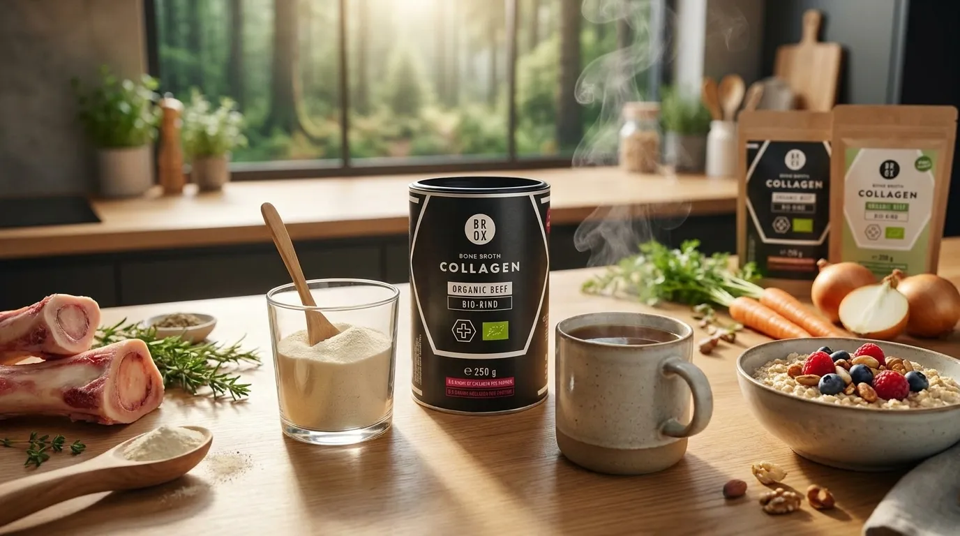 Kollagen Pulver neben warmer Brühe, Löffel und Frühstückszutaten in einer hellen Küche