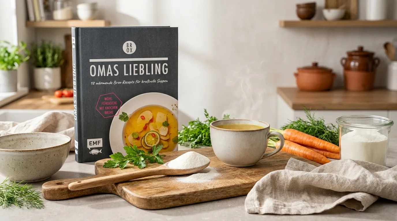Löffel mit Kollagen Pulver neben einer dampfenden Tasse Knochenbrühe und natürlichen Zutaten in einer hellen Küche