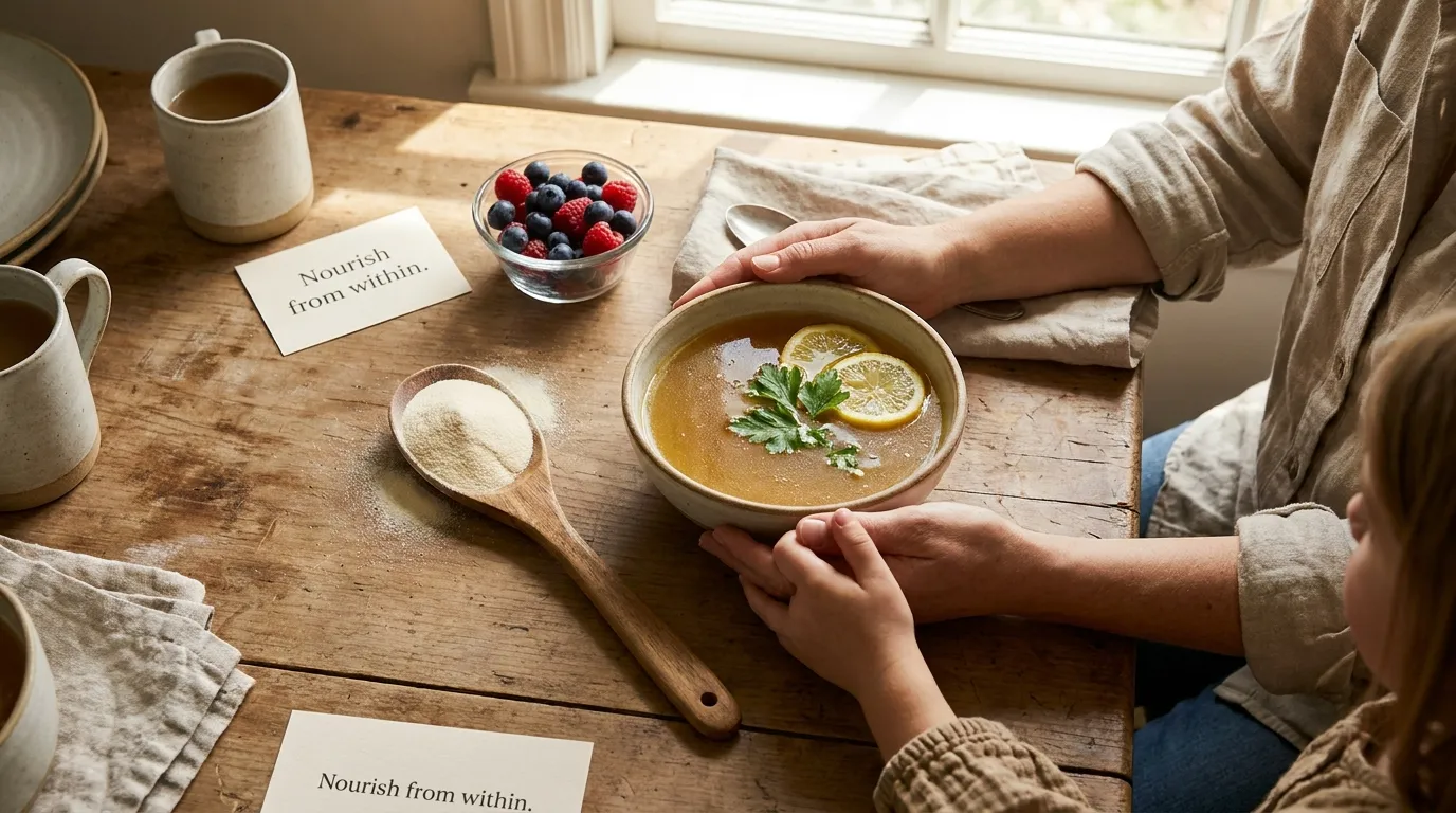 Löffel mit Kollagenpulver neben Brühe, Zitrone und frischen Zutaten