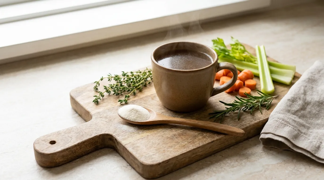 Löffel mit Kollagenpulver neben einer Tasse Brühe und natürlichen Zutaten