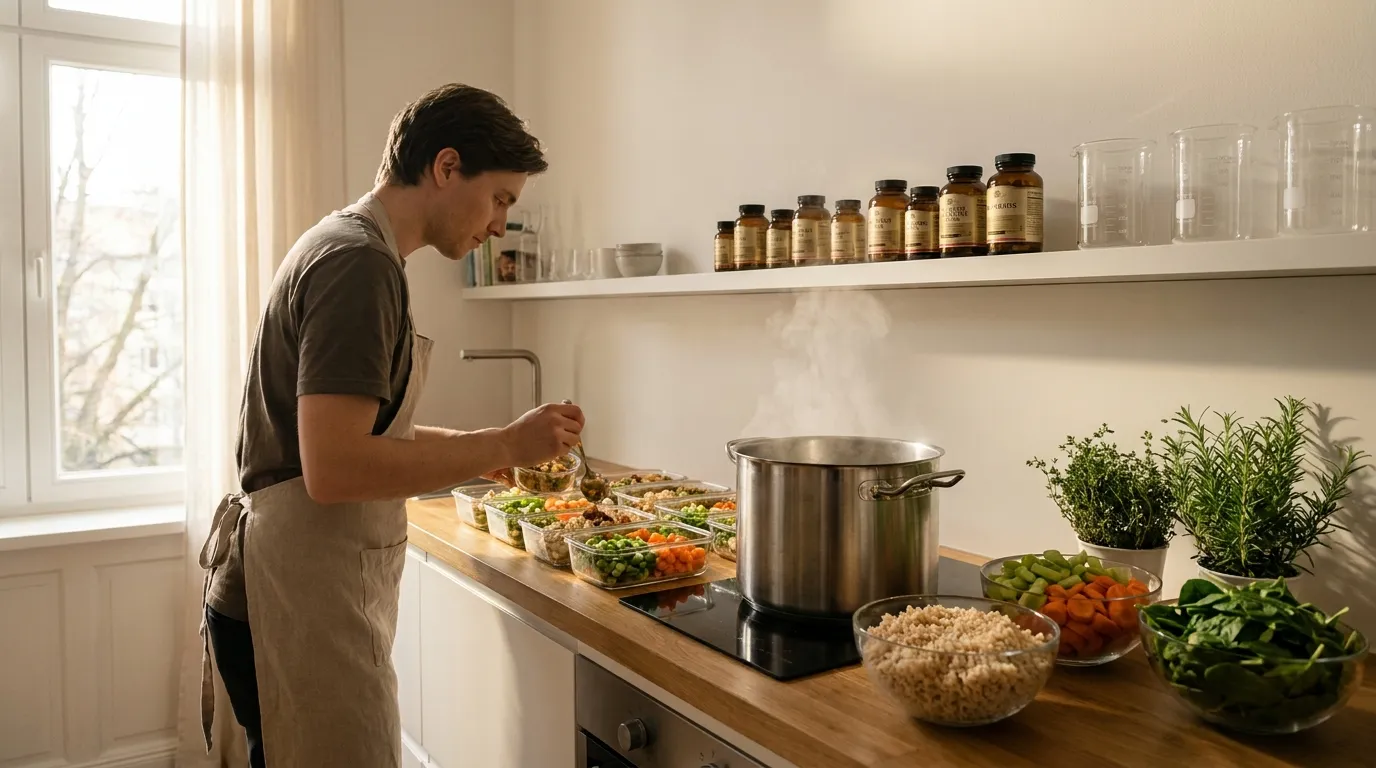 Meal-Prep mit Knochenbrühe in einer hellen Familienküche