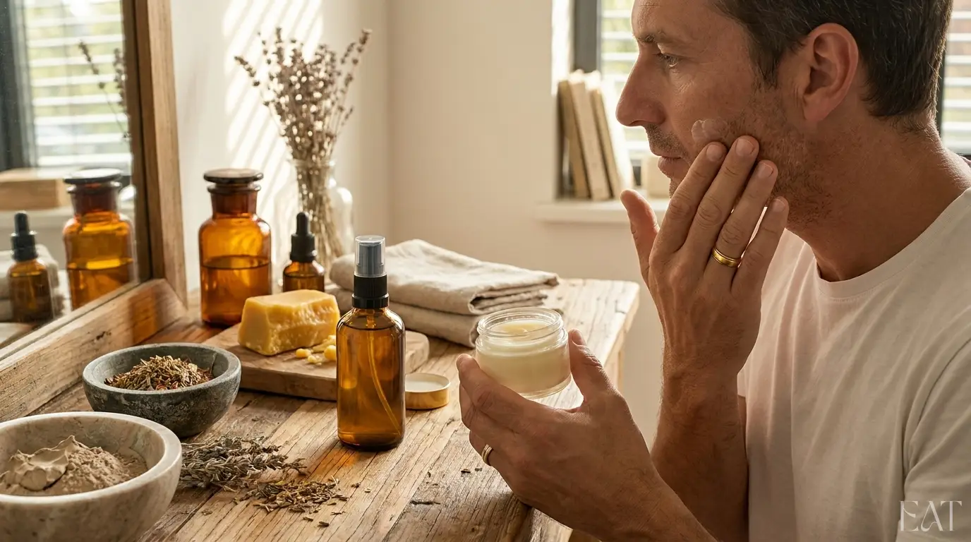 Natürliche Männerhautpflege mit Tallow Balm und Face Spritz im Badezimmer